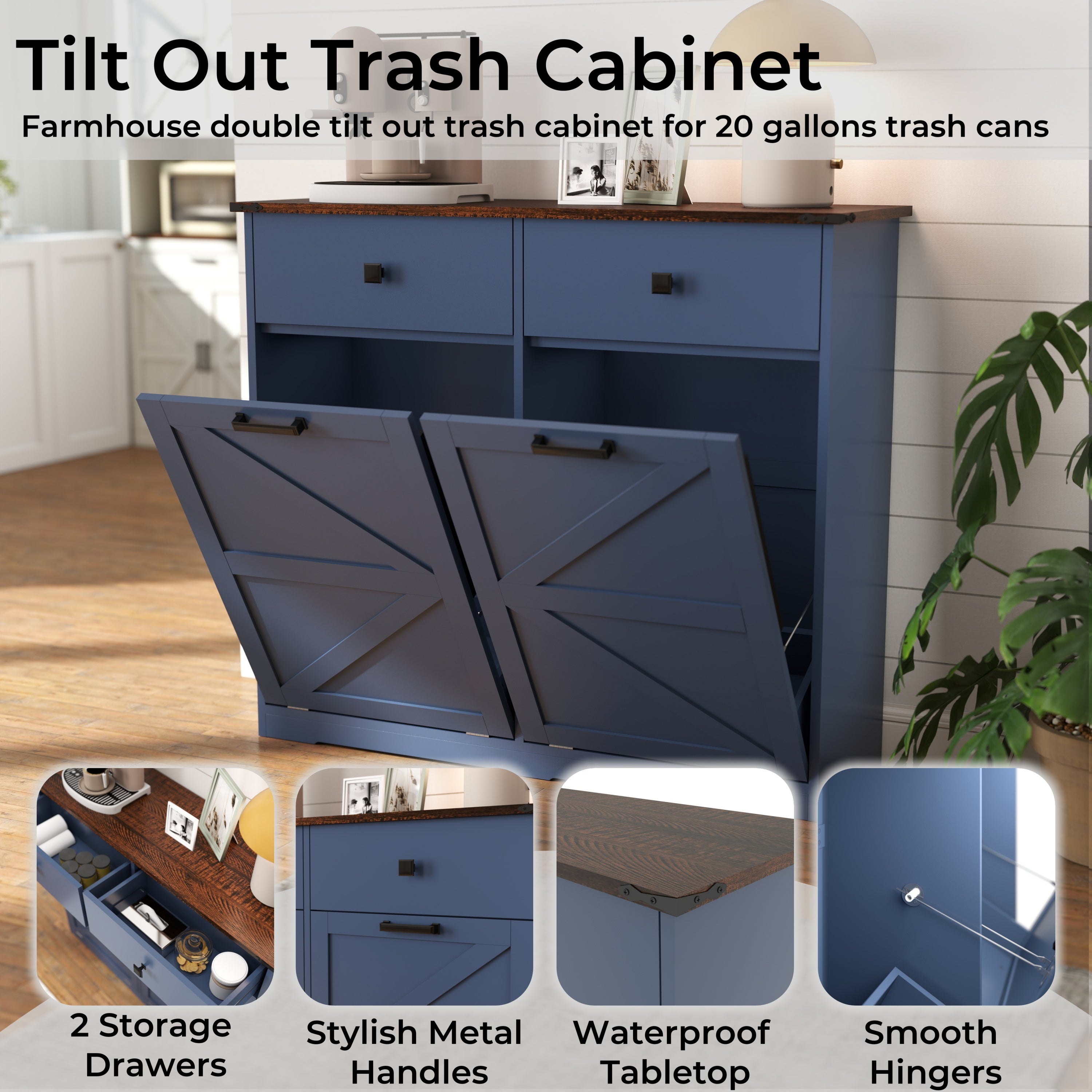 Farmhouse Blue Double Tilt Out Trash Cabinet for 20 Gallon Trash Cans, Free Standing Recycling Cabinet with Hideaway Drawer, Barn Door Style Laundry Sorter Cabinet, Tilt Out Trash Cabinet for Kitchen Trash Bin