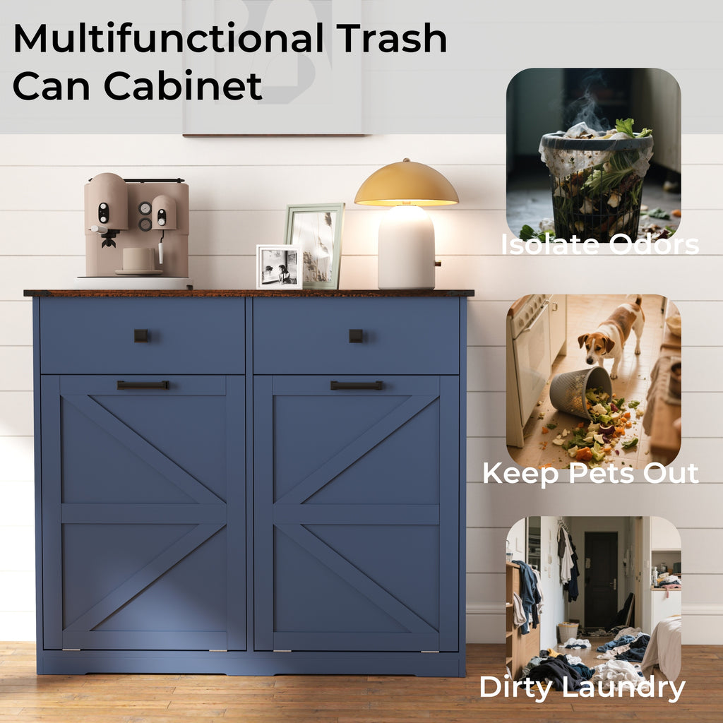 Farmhouse Blue Double Tilt Out Trash Cabinet for 20 Gallon Trash Cans, Free Standing Recycling Cabinet with Hideaway Drawer, Barn Door Style Laundry Sorter Cabinet, Tilt Out Trash Cabinet for Kitchen Trash Bin