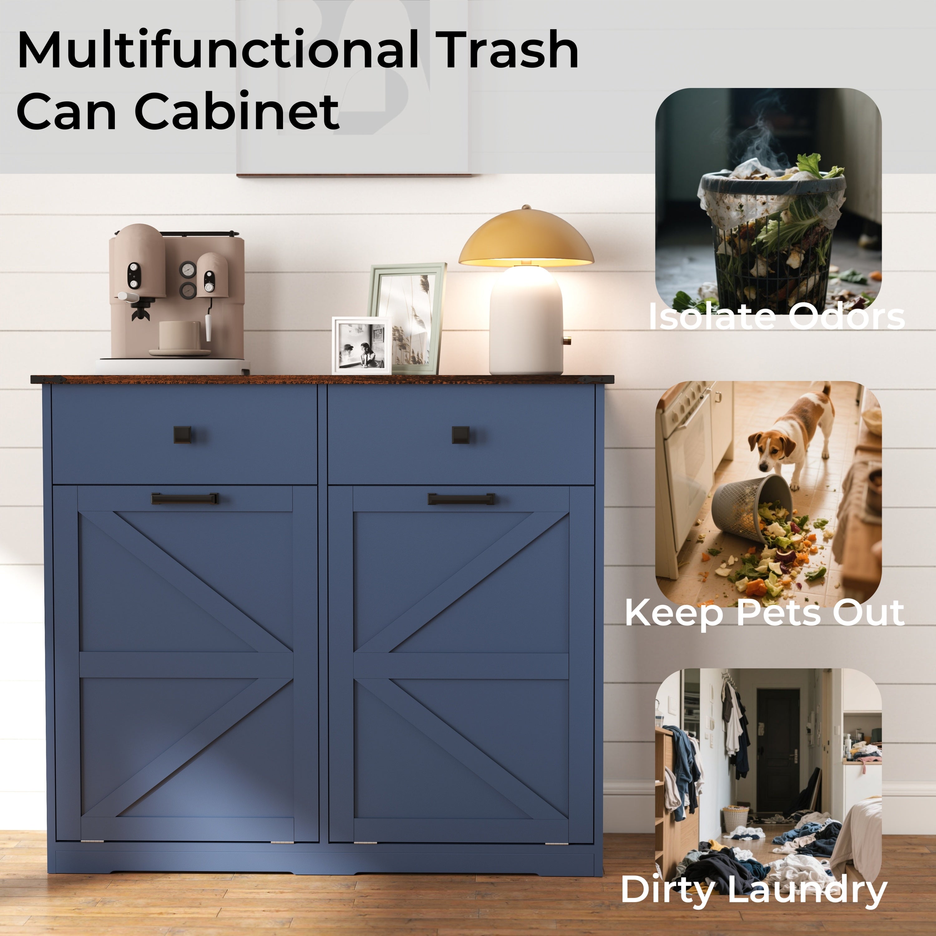 Farmhouse Blue Double Tilt Out Trash Cabinet for 20 Gallon Trash Cans, Free Standing Recycling Cabinet with Hideaway Drawer, Barn Door Style Laundry Sorter Cabinet, Tilt Out Trash Cabinet for Kitchen Trash Bin