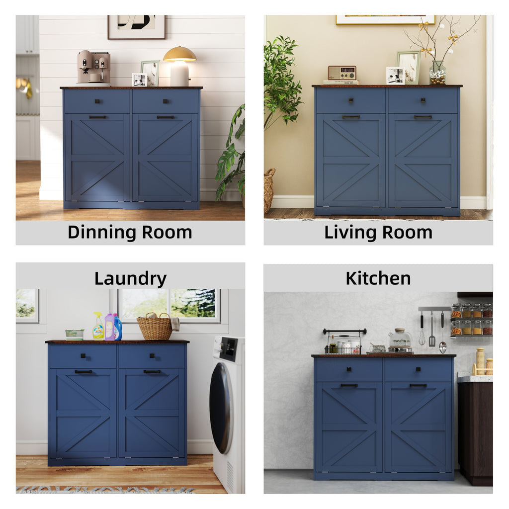 Farmhouse Blue Double Tilt Out Trash Cabinet for 20 Gallon Trash Cans, Free Standing Recycling Cabinet with Hideaway Drawer, Barn Door Style Laundry Sorter Cabinet, Tilt Out Trash Cabinet for Kitchen Trash Bin
