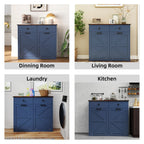 Farmhouse Blue Double Tilt Out Trash Cabinet for 20 Gallon Trash Cans, Free Standing Recycling Cabinet with Hideaway Drawer, Barn Door Style Laundry Sorter Cabinet, Tilt Out Trash Cabinet for Kitchen Trash Bin