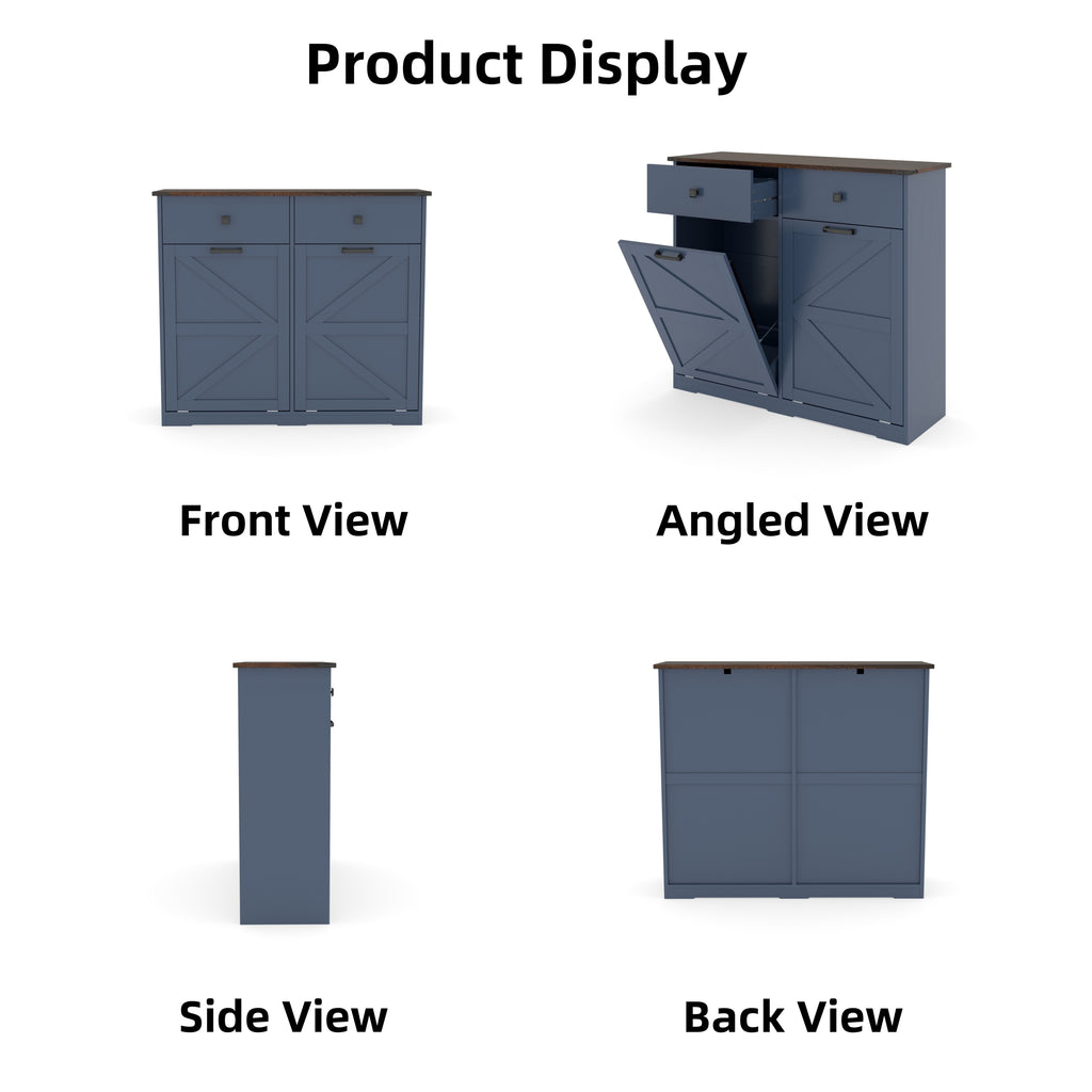 Farmhouse Blue Double Tilt Out Trash Cabinet for 20 Gallon Trash Cans, Free Standing Recycling Cabinet with Hideaway Drawer, Barn Door Style Laundry Sorter Cabinet, Tilt Out Trash Cabinet for Kitchen Trash Bin