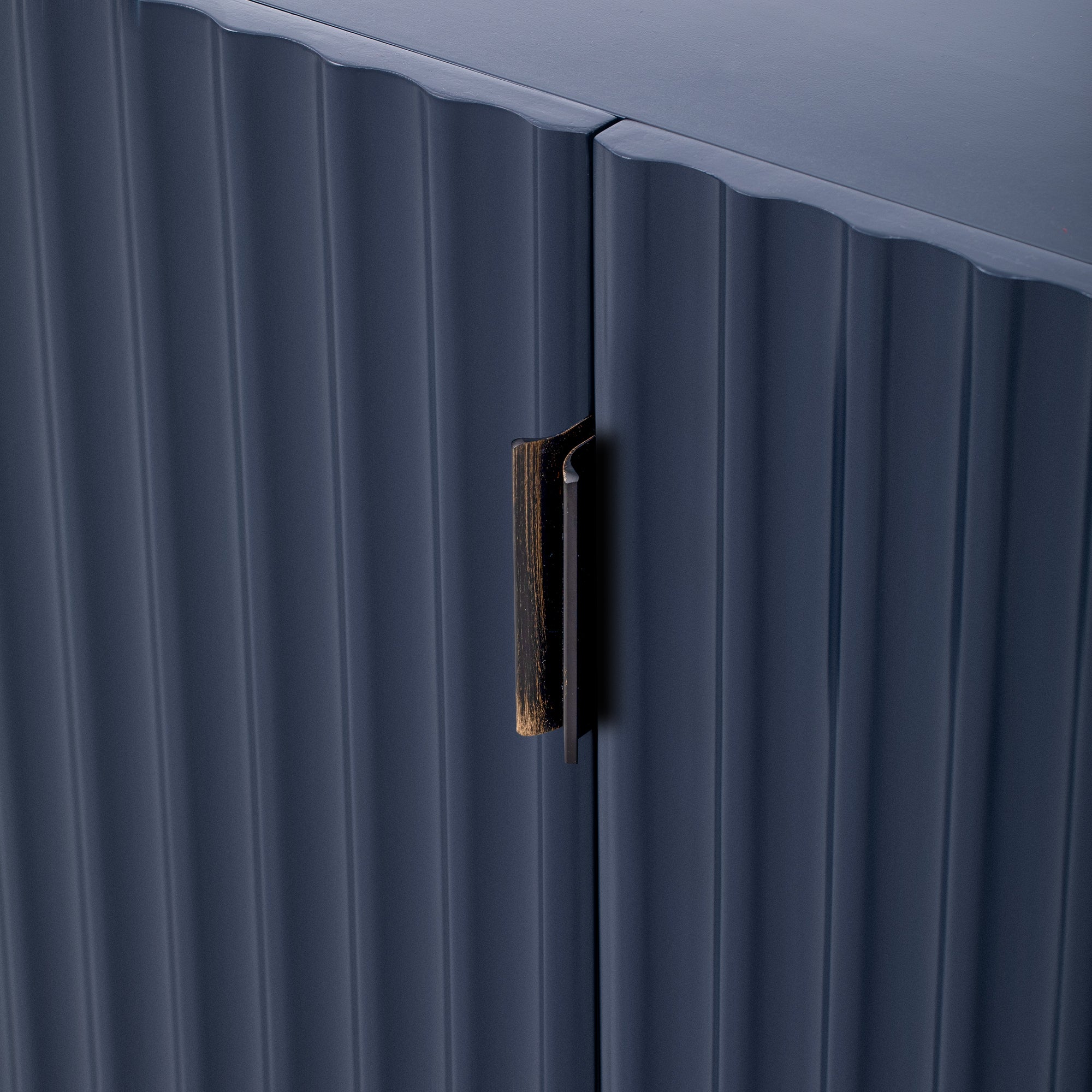 TREXM 4 Wavy Doors Ample Storage Space Sideboard with Adjustable Shelves and Retro Copper Handles for Dining Room and Living Room (ANTIQUE NAVY)