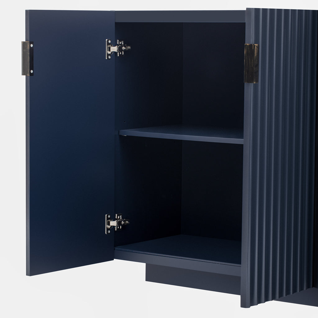 TREXM 4 Wavy Doors Ample Storage Space Sideboard with Adjustable Shelves and Retro Copper Handles for Dining Room and Living Room (ANTIQUE NAVY)