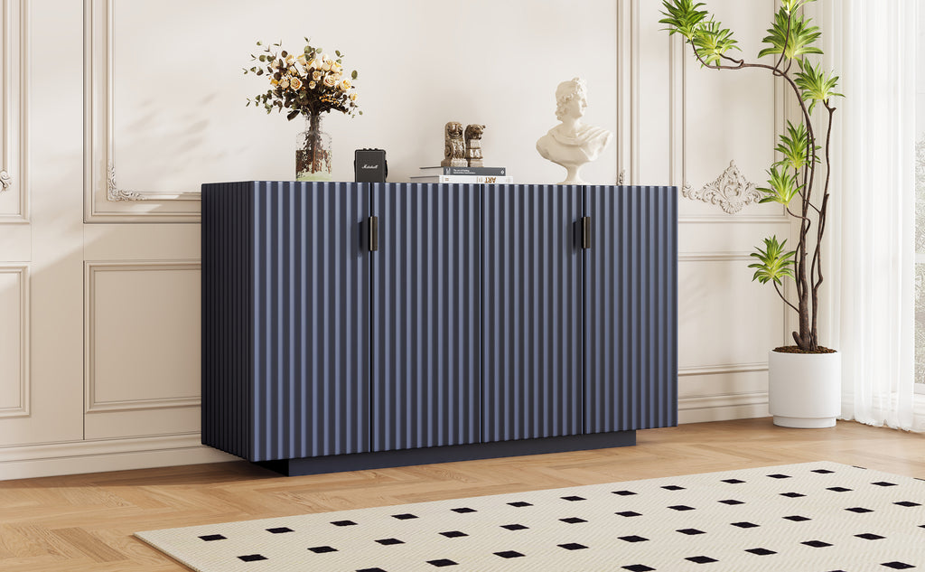 TREXM 4 Wavy Doors Ample Storage Space Sideboard with Adjustable Shelves and Retro Copper Handles for Dining Room and Living Room (ANTIQUE NAVY)