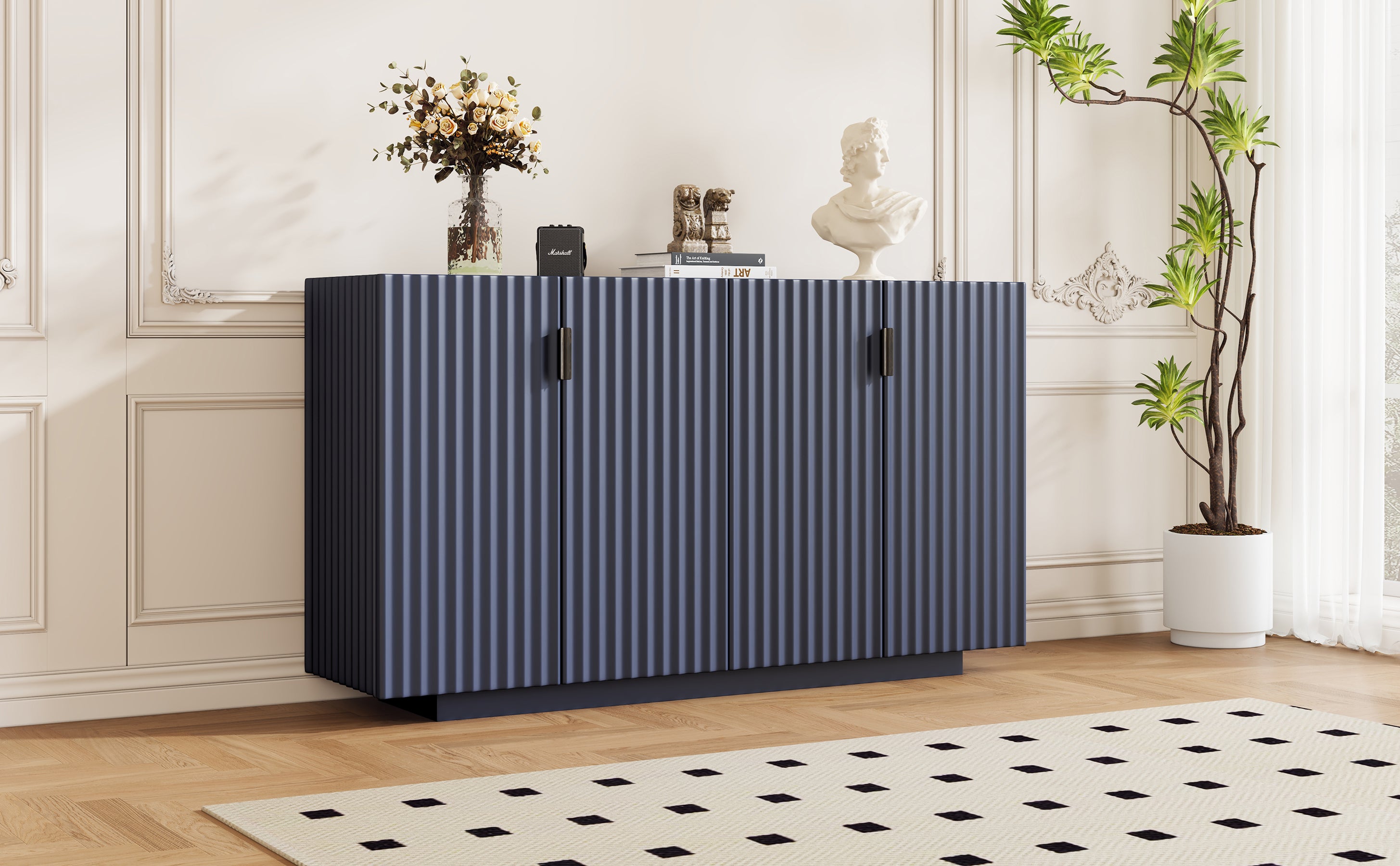 TREXM 4 Wavy Doors Ample Storage Space Sideboard with Adjustable Shelves and Retro Copper Handles for Dining Room and Living Room (ANTIQUE NAVY)