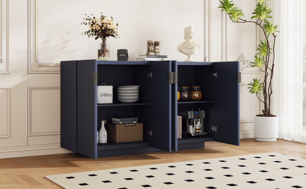TREXM 4 Wavy Doors Ample Storage Space Sideboard with Adjustable Shelves and Retro Copper Handles for Dining Room and Living Room (ANTIQUE NAVY)