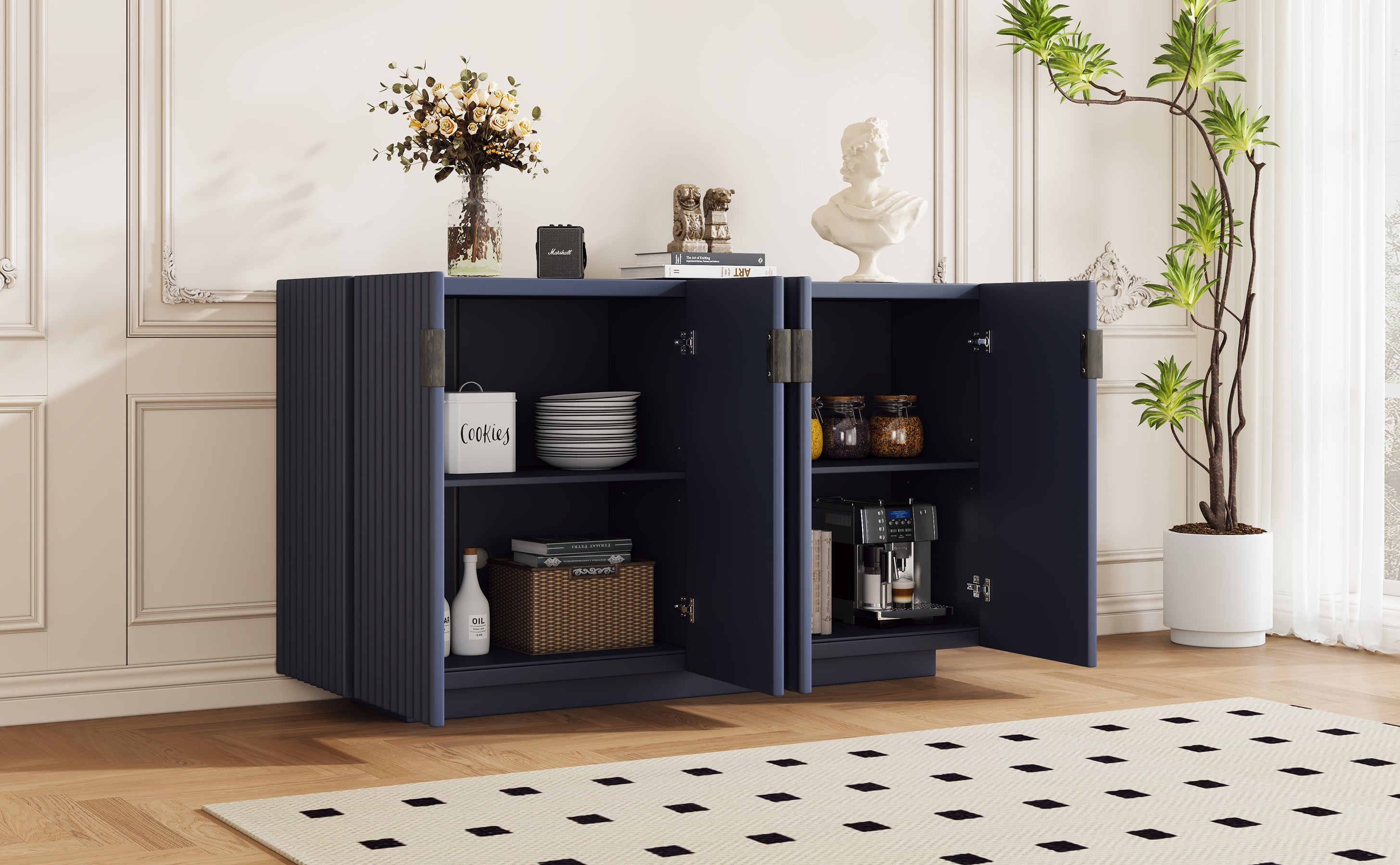 TREXM 4 Wavy Doors Ample Storage Space Sideboard with Adjustable Shelves and Retro Copper Handles for Dining Room and Living Room (ANTIQUE NAVY)