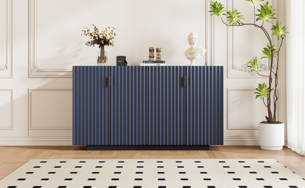 TREXM 4 Wavy Doors Ample Storage Space Sideboard with Adjustable Shelves and Retro Copper Handles for Dining Room and Living Room (ANTIQUE NAVY)