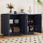 TREXM 4 Wavy Doors Ample Storage Space Sideboard with Adjustable Shelves and Retro Copper Handles for Dining Room and Living Room (ANTIQUE NAVY)