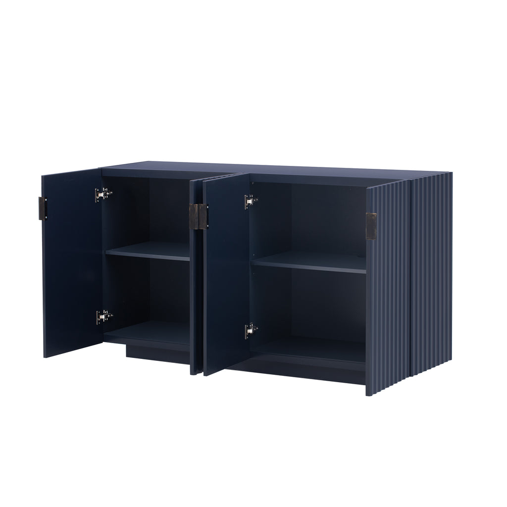 TREXM 4 Wavy Doors Ample Storage Space Sideboard with Adjustable Shelves and Retro Copper Handles for Dining Room and Living Room (ANTIQUE NAVY)