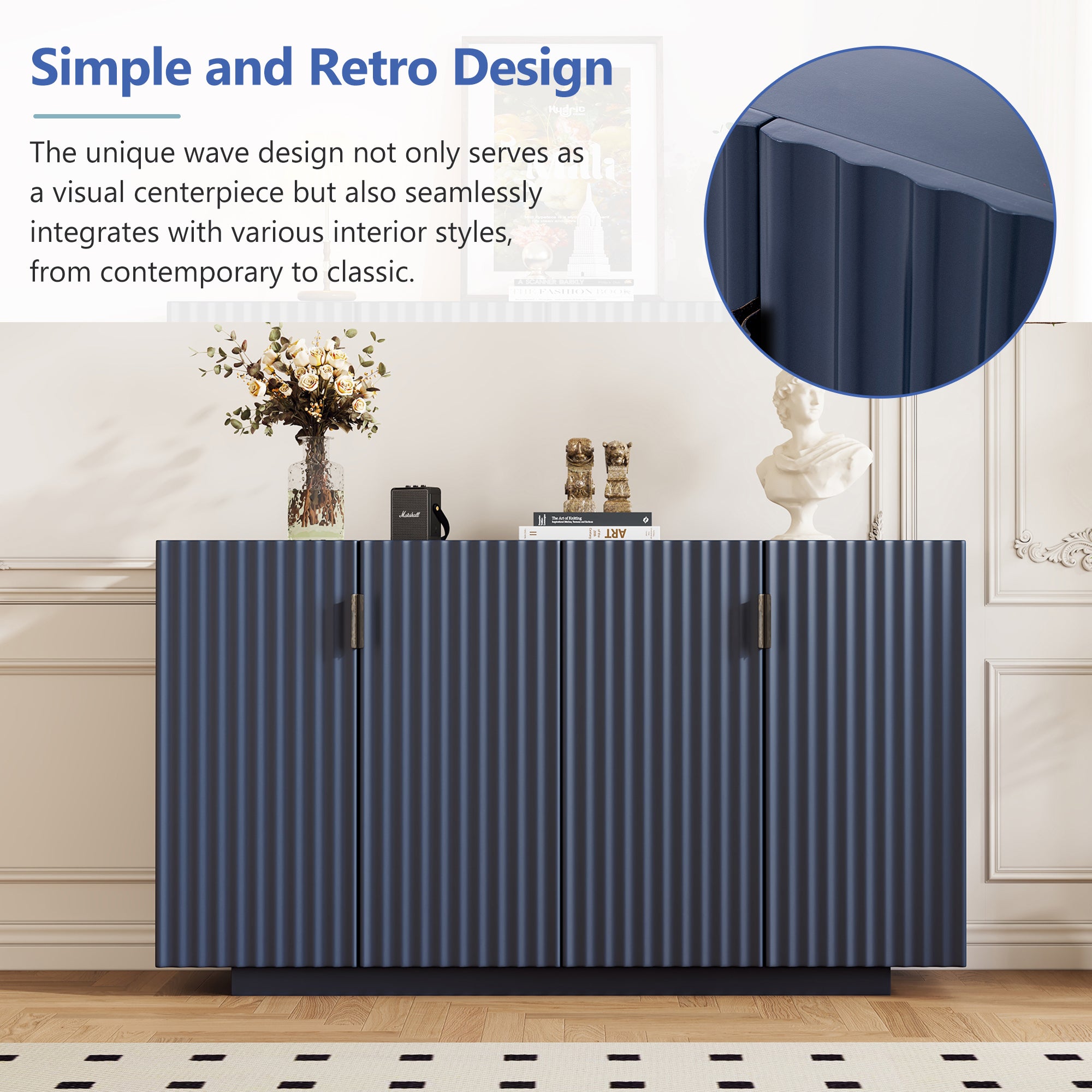 TREXM 4 Wavy Doors Ample Storage Space Sideboard with Adjustable Shelves and Retro Copper Handles for Dining Room and Living Room (ANTIQUE NAVY)