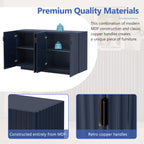 TREXM 4 Wavy Doors Ample Storage Space Sideboard with Adjustable Shelves and Retro Copper Handles for Dining Room and Living Room (ANTIQUE NAVY)