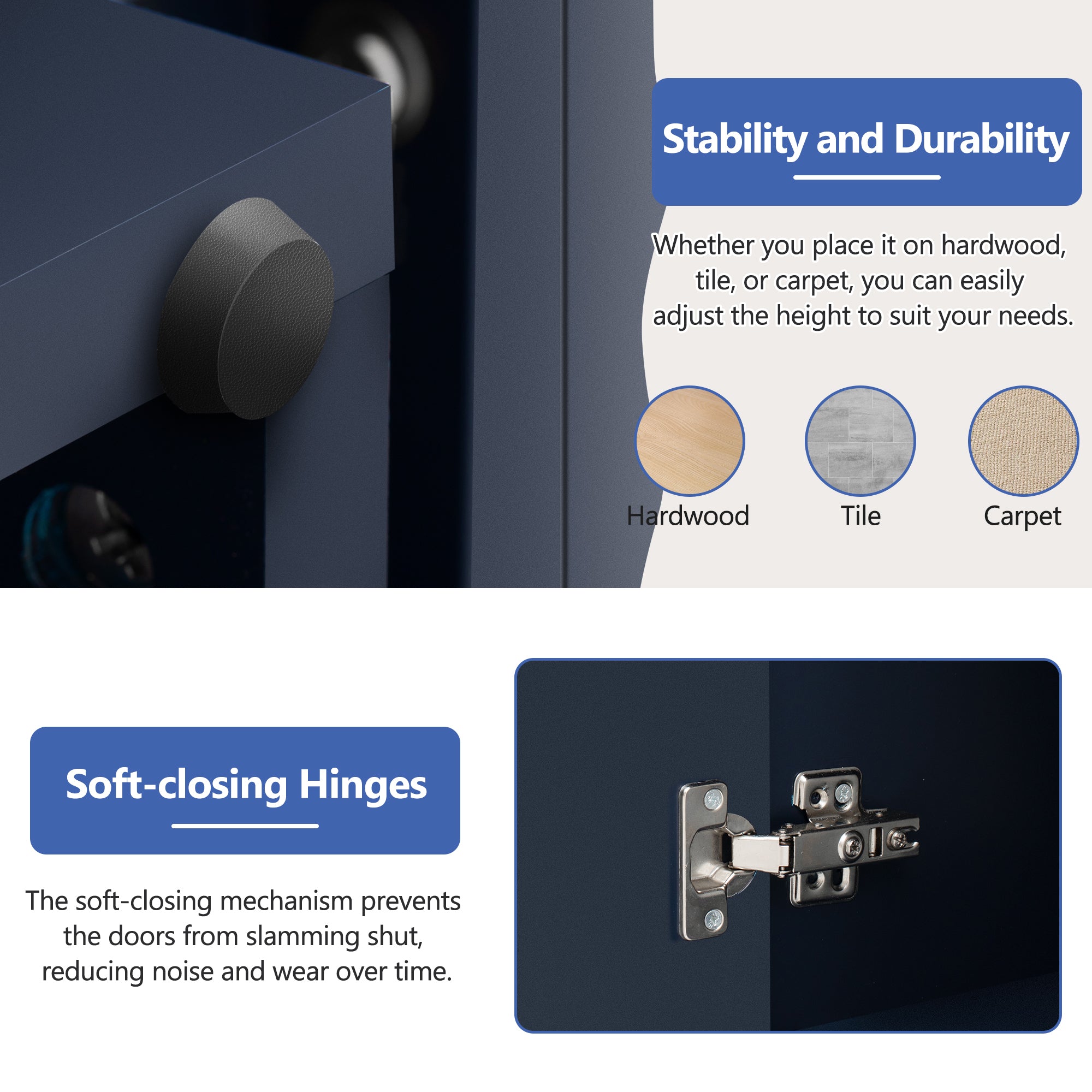 TREXM 4 Wavy Doors Ample Storage Space Sideboard with Adjustable Shelves and Retro Copper Handles for Dining Room and Living Room (ANTIQUE NAVY)