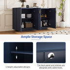 TREXM 4 Wavy Doors Ample Storage Space Sideboard with Adjustable Shelves and Retro Copper Handles for Dining Room and Living Room (ANTIQUE NAVY)