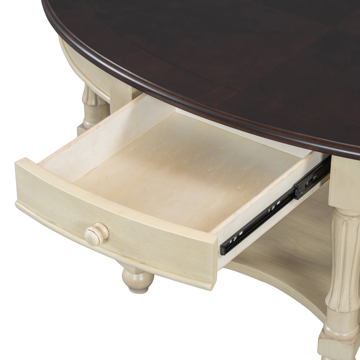 Vintage Oval Coffee Table with Drawer and Storage Shelf, Antique Cocktail Table in 45', French Country Accent Table for Living Room,Beige and Espresso