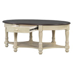 Vintage Oval Coffee Table with Drawer and Storage Shelf, Antique Cocktail Table in 45', French Country Accent Table for Living Room,Beige and Espresso