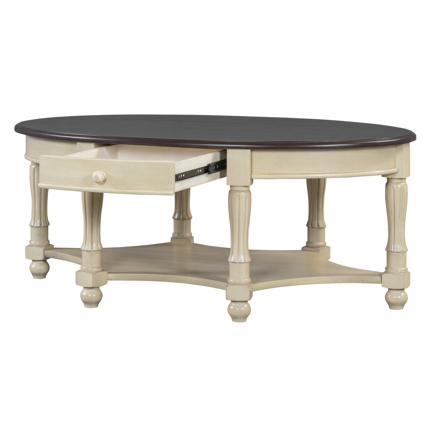 Vintage Oval Coffee Table with Drawer and Storage Shelf, Antique Cocktail Table in 45', French Country Accent Table for Living Room,Beige and Espresso