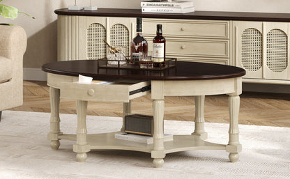 Vintage Oval Coffee Table with Drawer and Storage Shelf, Antique Cocktail Table in 45', French Country Accent Table for Living Room,Beige and Espresso