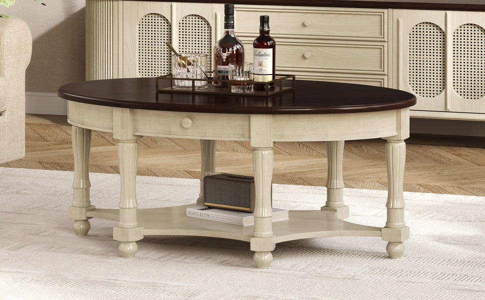 Vintage Oval Coffee Table with Drawer and Storage Shelf, Antique Cocktail Table in 45', French Country Accent Table for Living Room,Beige and Espresso