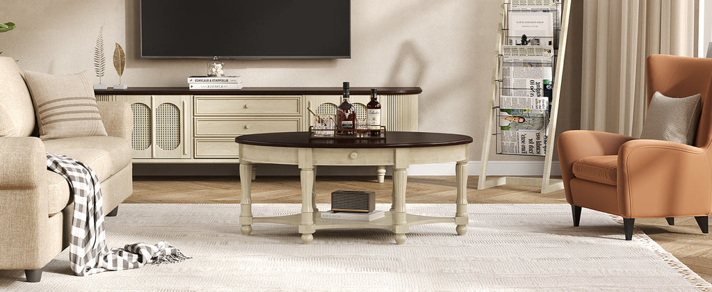 Vintage Oval Coffee Table with Drawer and Storage Shelf, Antique Cocktail Table in 45', French Country Accent Table for Living Room,Beige and Espresso