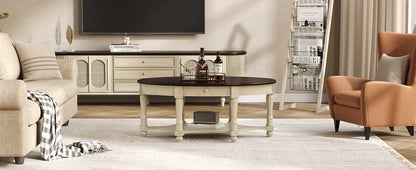 Vintage Oval Coffee Table with Drawer and Storage Shelf, Antique Cocktail Table in 45', French Country Accent Table for Living Room,Beige and Espresso