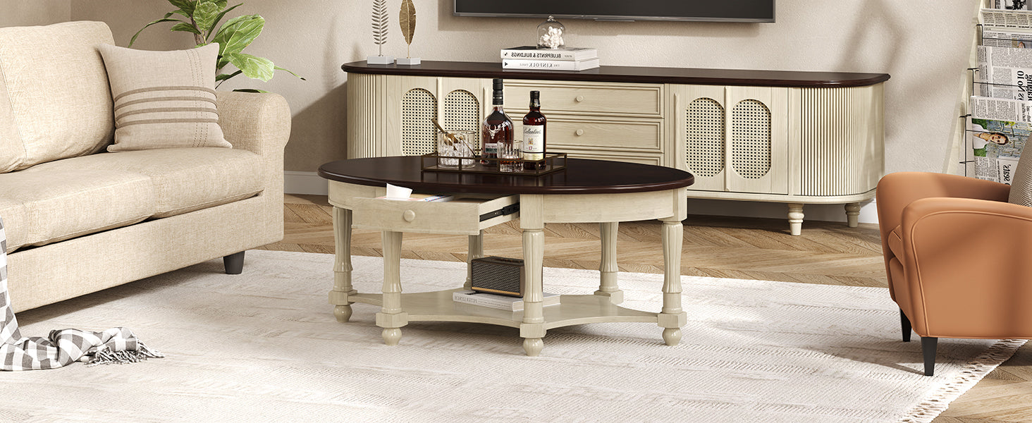 Vintage Oval Coffee Table with Drawer and Storage Shelf, Antique Cocktail Table in 45', French Country Accent Table for Living Room,Beige and Espresso