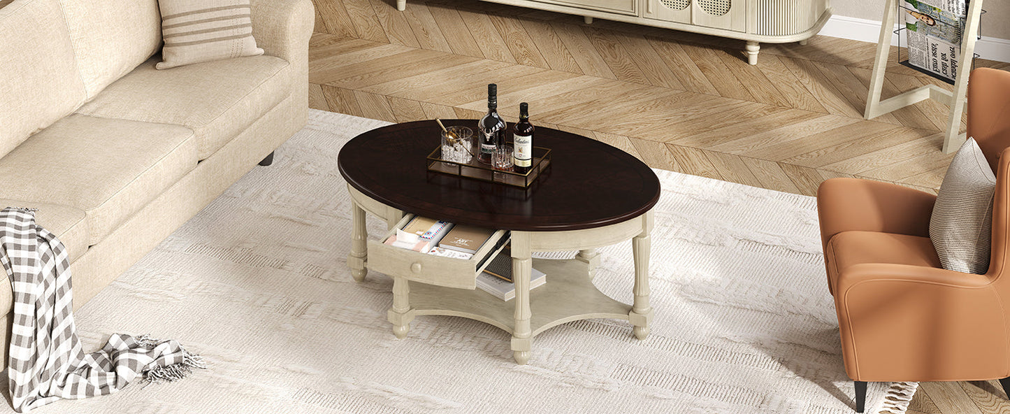 Vintage Oval Coffee Table with Drawer and Storage Shelf, Antique Cocktail Table in 45', French Country Accent Table for Living Room,Beige and Espresso