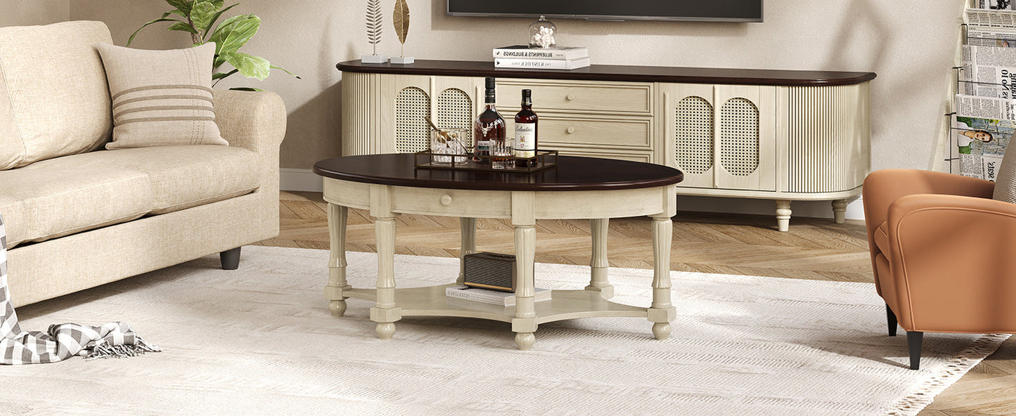 Vintage Oval Coffee Table with Drawer and Storage Shelf, Antique Cocktail Table in 45', French Country Accent Table for Living Room,Beige and Espresso