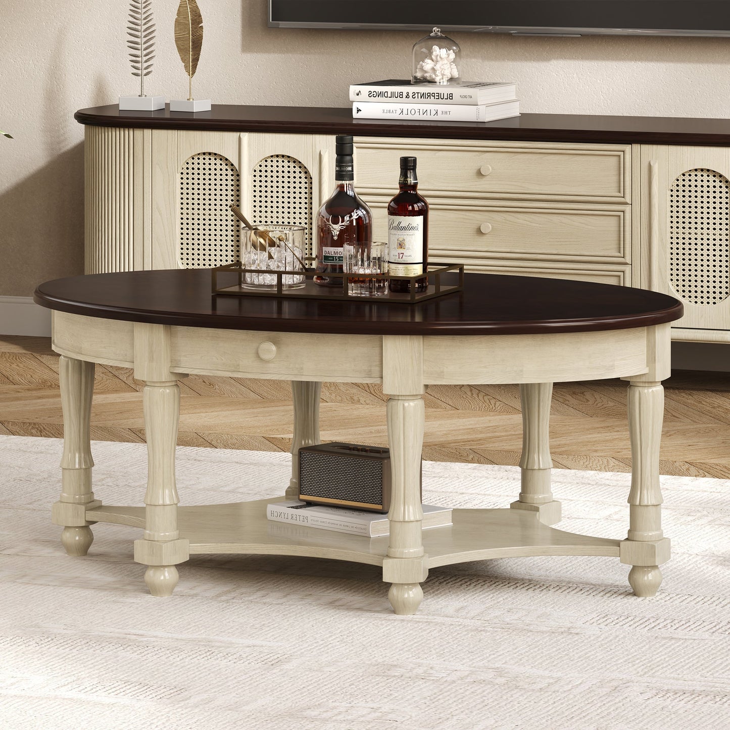 Vintage Oval Coffee Table with Drawer and Storage Shelf, Antique Cocktail Table in 45', French Country Accent Table for Living Room,Beige and Espresso