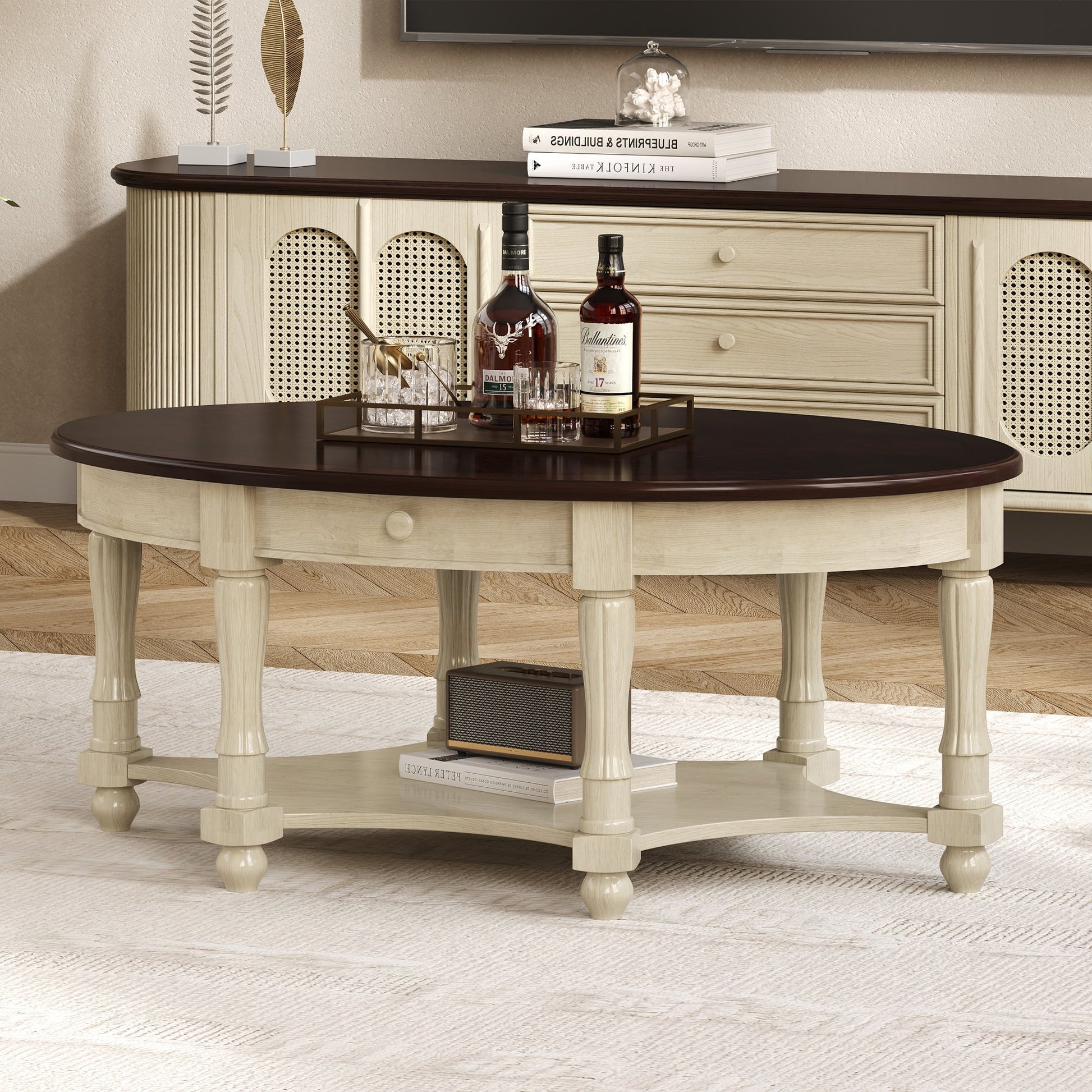 Vintage Oval Coffee Table with Drawer and Storage Shelf, Antique Cocktail Table in 45', French Country Accent Table for Living Room,Beige and Espresso