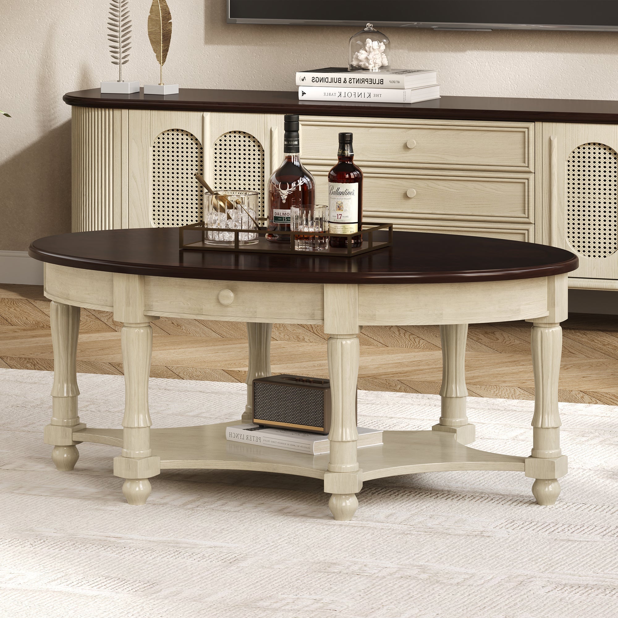 Vintage Oval Coffee Table with Drawer and Storage Shelf, Antique Cocktail Table in 45', French Country Accent Table for Living Room,Beige and Espresso