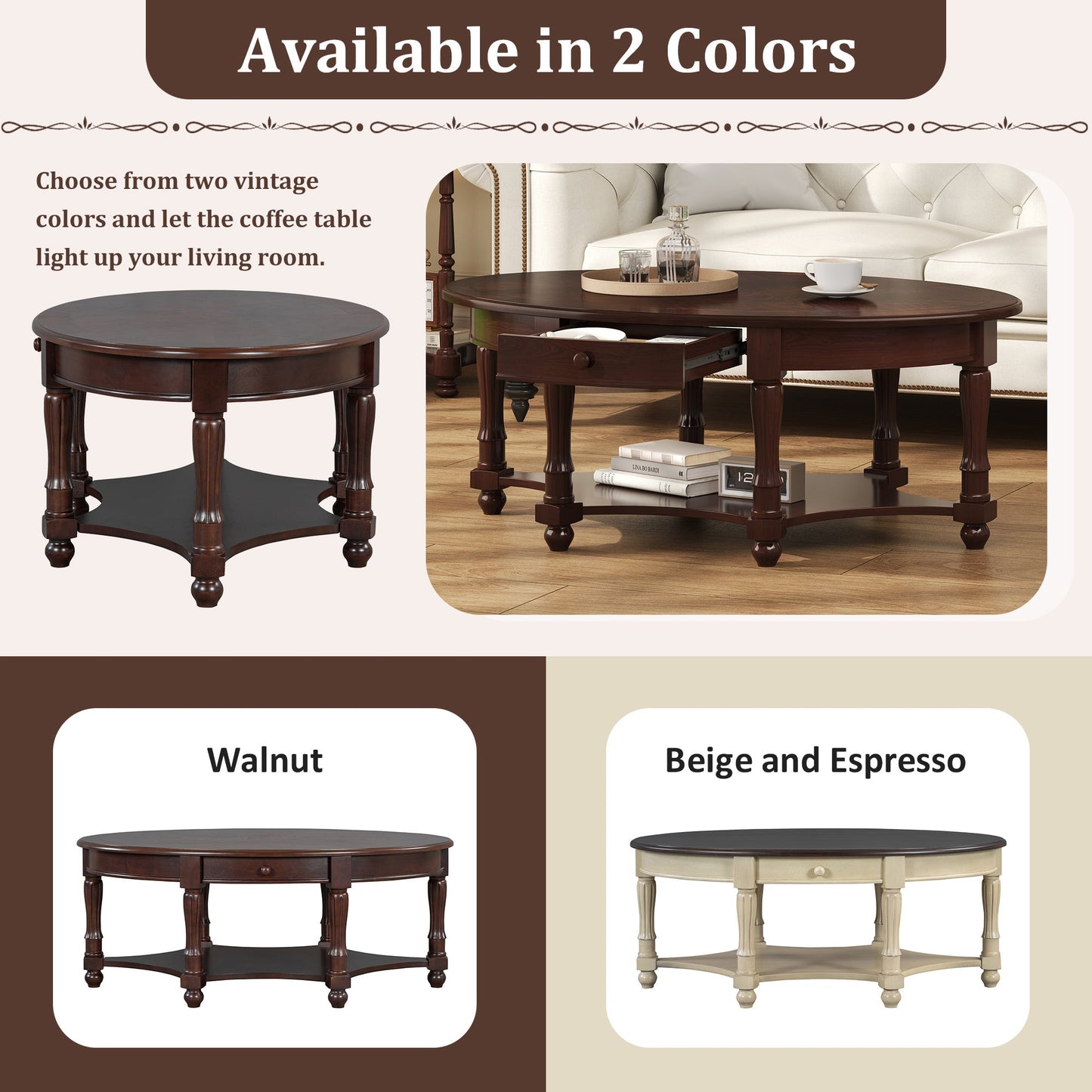 Vintage Oval Coffee Table with Drawer and Storage Shelf, Antique Cocktail Table in 45', French Country Accent Table for Living Room,Beige and Espresso