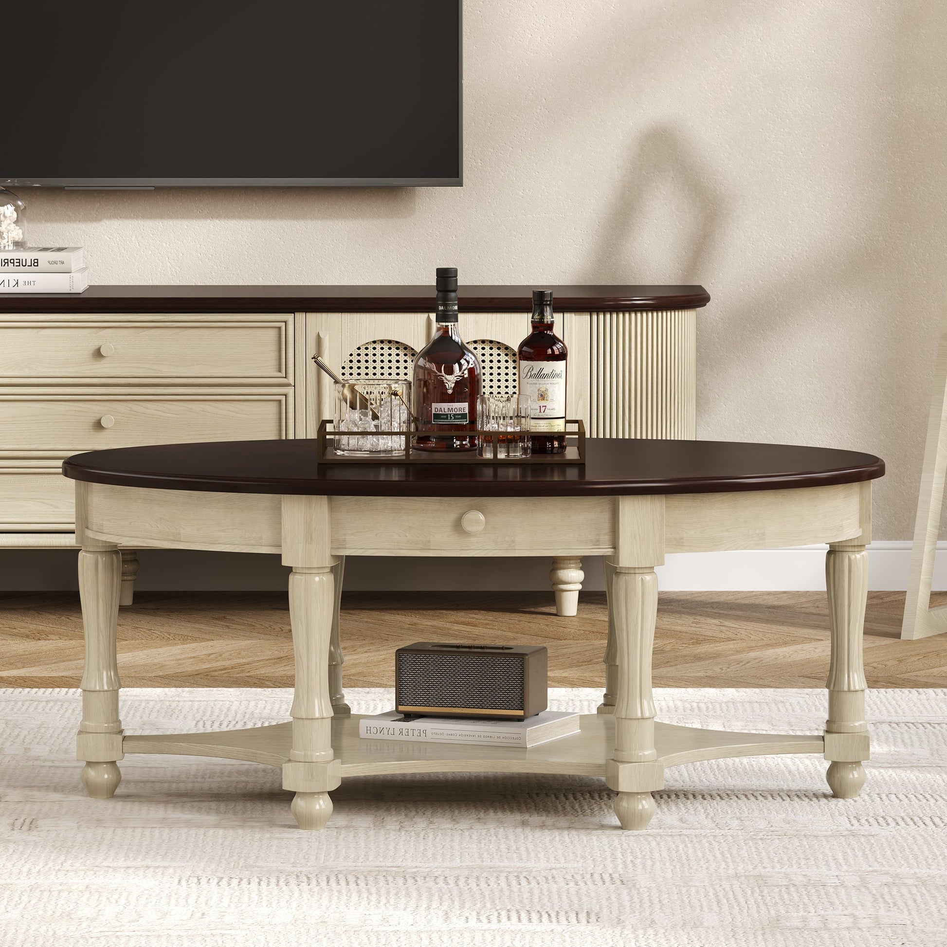 Vintage Oval Coffee Table with Drawer and Storage Shelf, Antique Cocktail Table in 45', French Country Accent Table for Living Room,Beige and Espresso