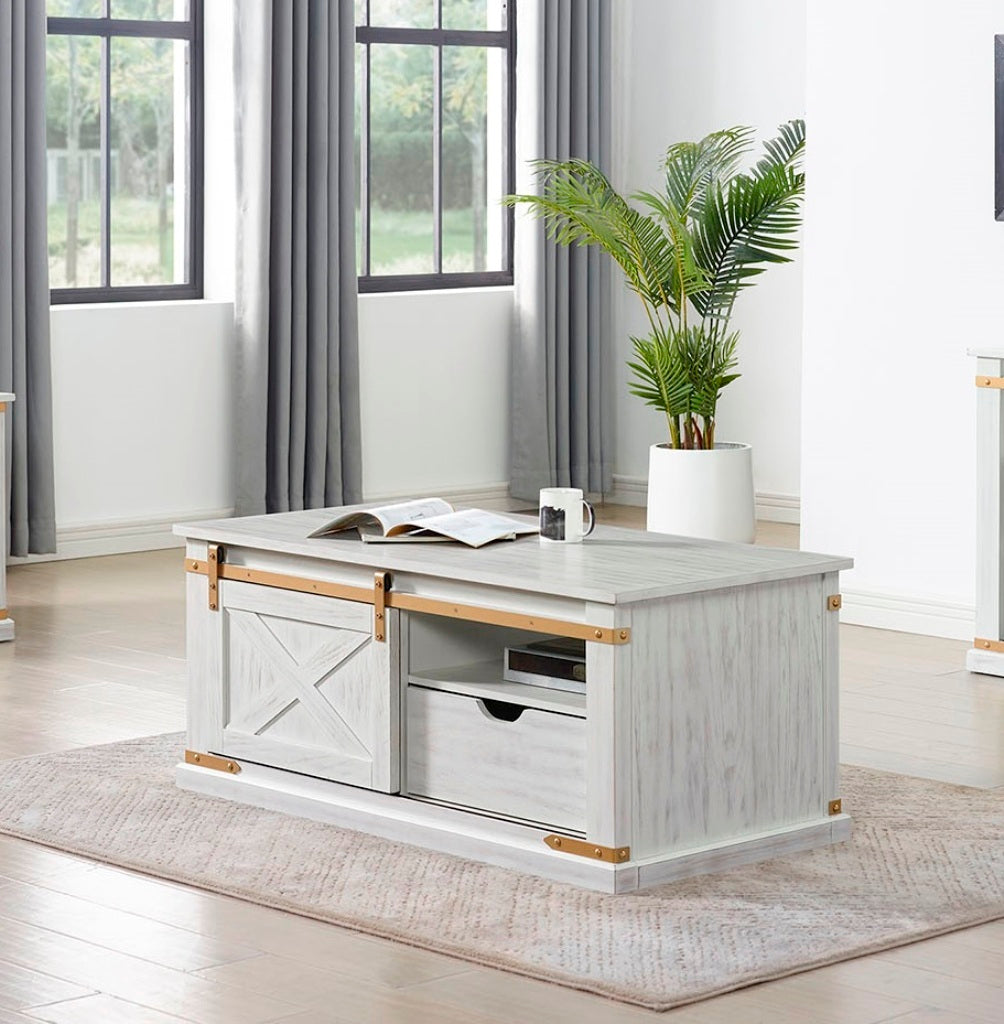 Antique White Gold Accents Rustic Style 1pc Coffee Table Storage Drawer Shelve Living Room Tables