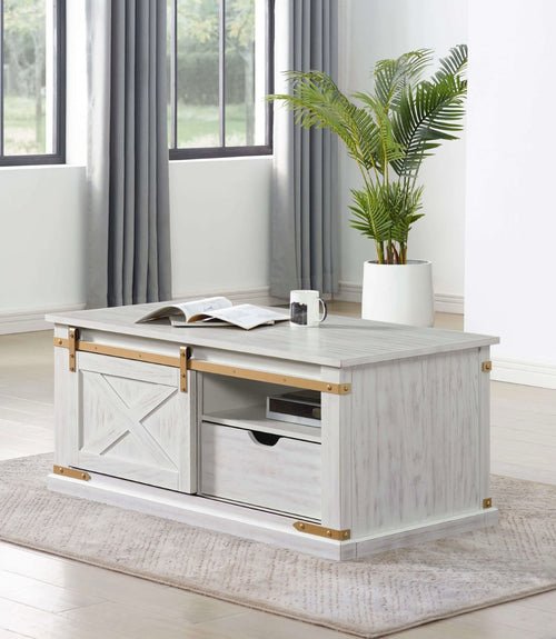 Antique White Gold Accents Rustic Style 1pc Coffee Table Storage Drawer Shelve Living Room Tables