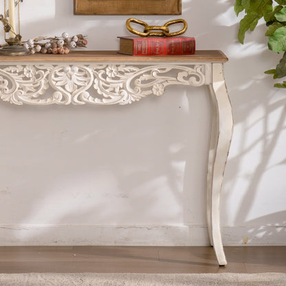 Antique White Console Table with Carved Details, Distressed Console Table, Vintage French Country Entry Table with Wood Carvings and Curved Legs for Hallway Living Room