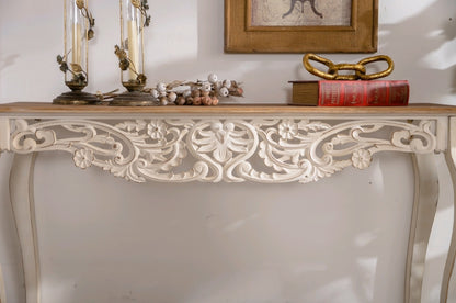 Antique White Console Table with Carved Details, Distressed Console Table, Vintage French Country Entry Table with Wood Carvings and Curved Legs for Hallway Living Room