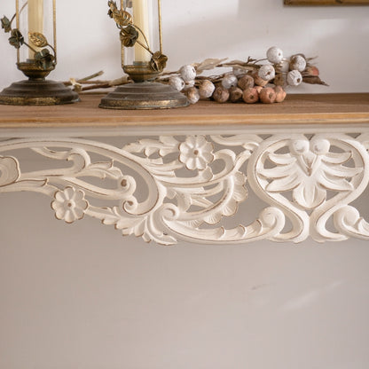 Antique White Console Table with Carved Details, Distressed Console Table, Vintage French Country Entry Table with Wood Carvings and Curved Legs for Hallway Living Room