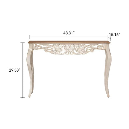 Antique White Console Table with Carved Details, Distressed Console Table, Vintage French Country Entry Table with Wood Carvings and Curved Legs for Hallway Living Room