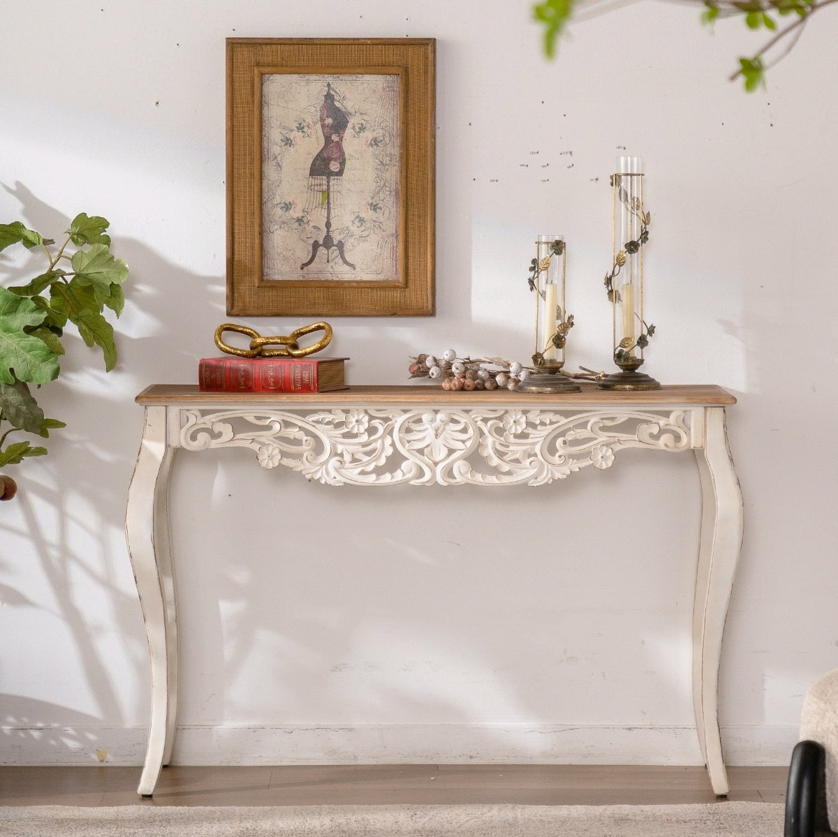 Antique White Console Table with Carved Details, Distressed Console Table, Vintage French Country Entry Table with Wood Carvings and Curved Legs for Hallway Living Room