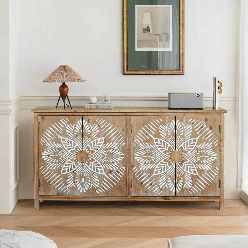 60'Wood Accent Cabinet with 4 Doors, Brown and antique white Modern Pantry Cabinet, Wood Buffet Cabinet, Media Cabinet, Console Cabinet, Cabinet for Entryway, Living Room, Bedroom, Dining Room