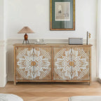 60'Wood Accent Cabinet with 4 Doors, Brown and antique white Modern Pantry Cabinet, Wood Buffet Cabinet, Media Cabinet, Console Cabinet, Cabinet for Entryway, Living Room, Bedroom, Dining Room