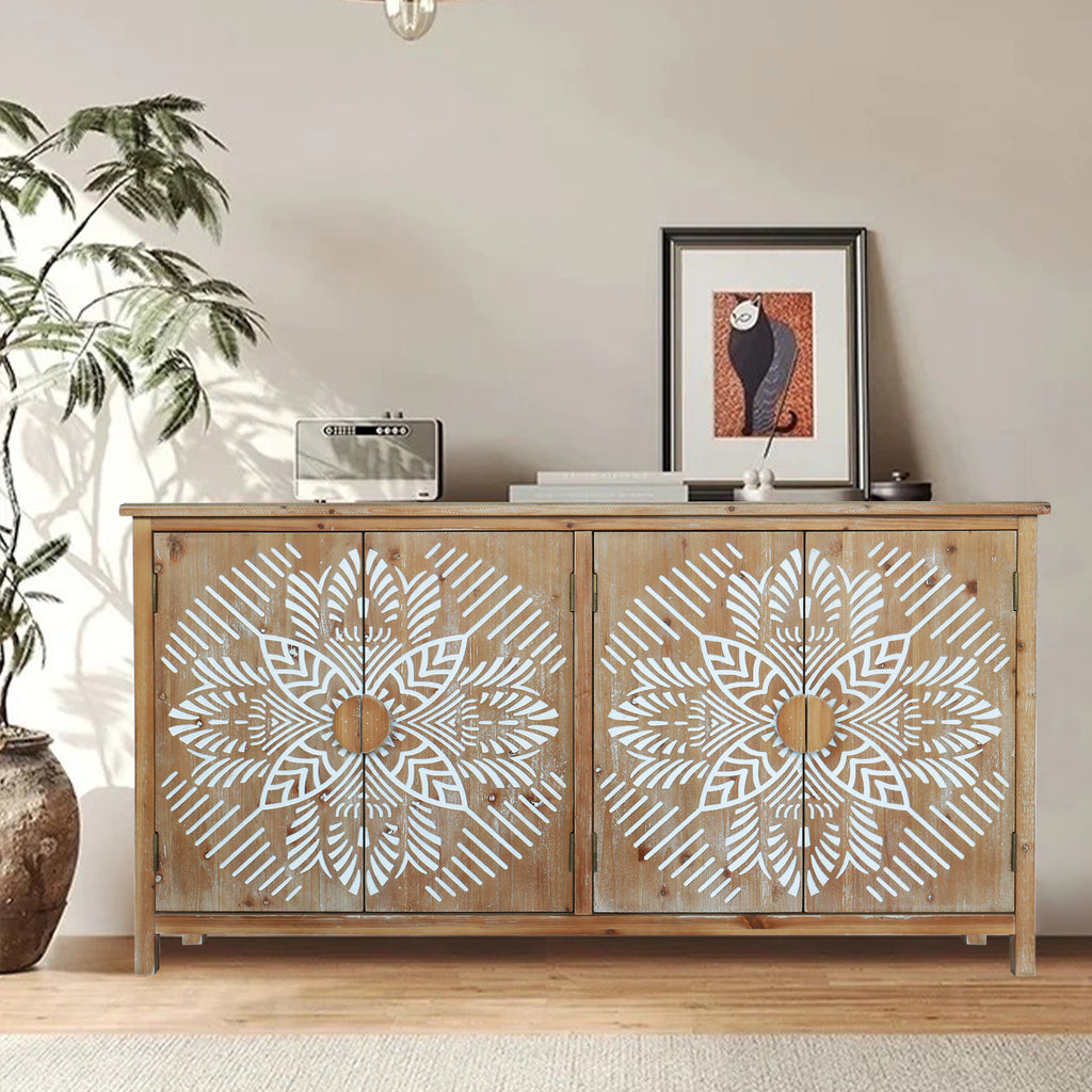 60'Wood Accent Cabinet with 4 Doors, Brown and antique white Modern Pantry Cabinet, Wood Buffet Cabinet, Media Cabinet, Console Cabinet, Cabinet for Entryway, Living Room, Bedroom, Dining Room