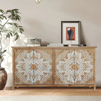 60'Wood Accent Cabinet with 4 Doors, Brown and antique white Modern Pantry Cabinet, Wood Buffet Cabinet, Media Cabinet, Console Cabinet, Cabinet for Entryway, Living Room, Bedroom, Dining Room