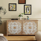 60'Wood Accent Cabinet with 4 Doors, Brown and antique white Modern Pantry Cabinet, Wood Buffet Cabinet, Media Cabinet, Console Cabinet, Cabinet for Entryway, Living Room, Bedroom, Dining Room