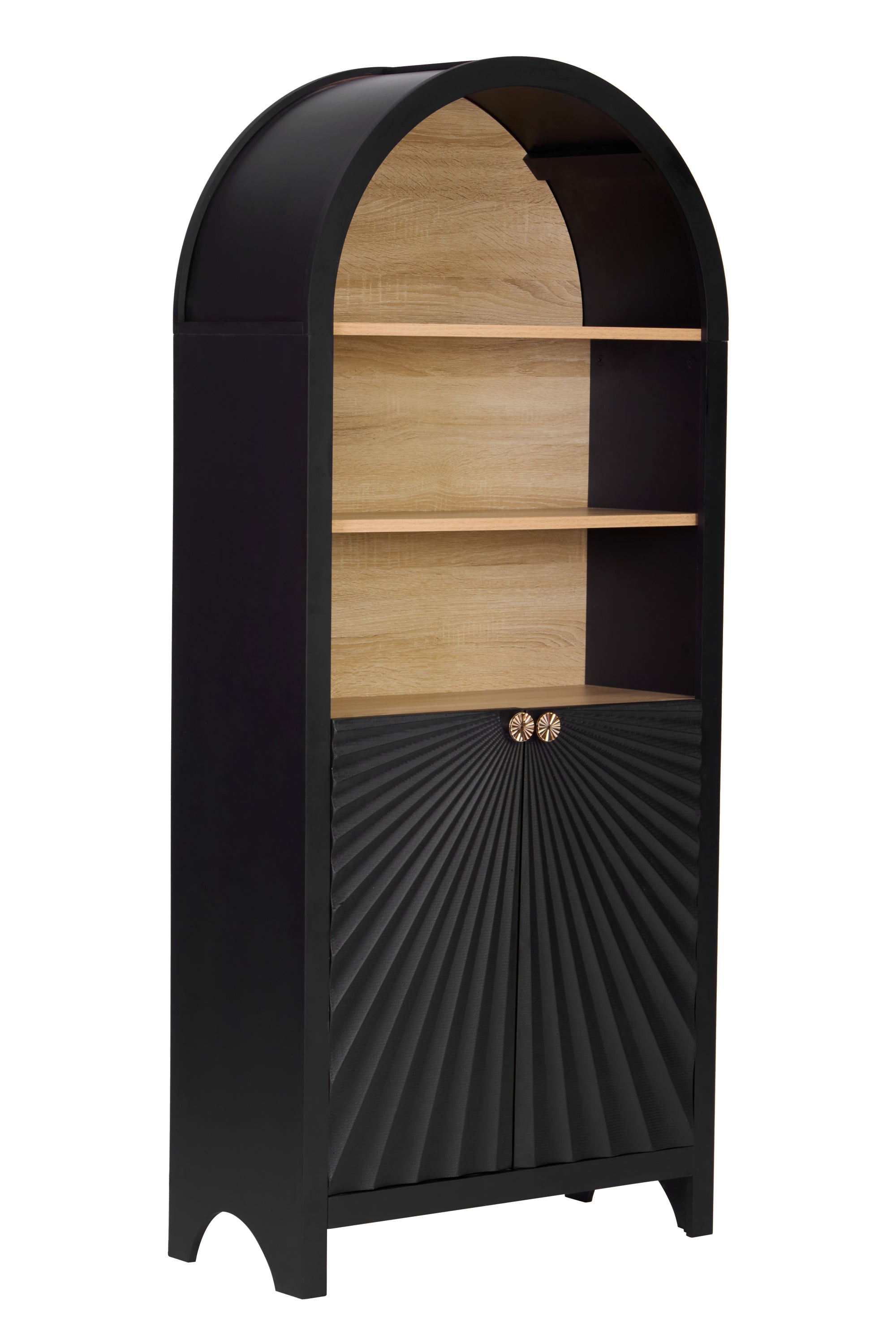 61' Tall Arched Cabinets,Bookcase with storage,Mid-Century Modern 5-Tier Bookshelf with Door,Black