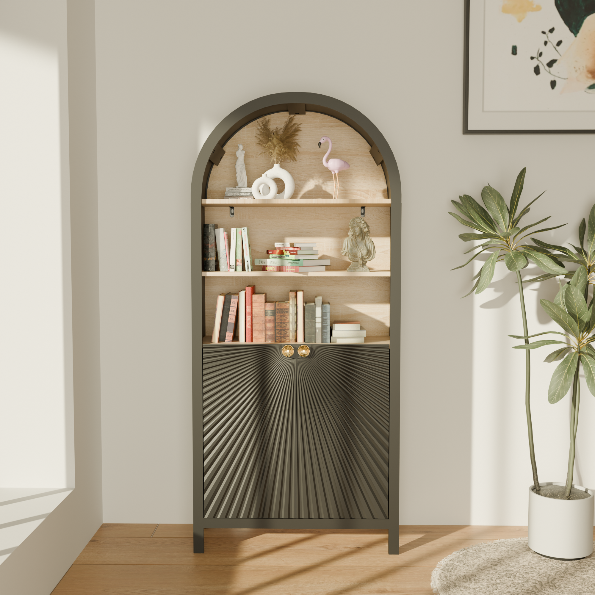 61' Tall Arched Cabinets,Bookcase with storage,Mid-Century Modern 5-Tier Bookshelf with Door,Black