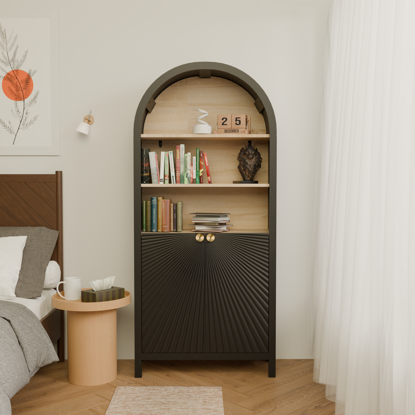 61' Tall Arched Cabinets,Bookcase with storage,Mid-Century Modern 5-Tier Bookshelf with Door,Black