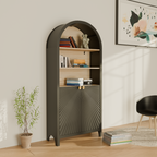 61' Tall Arched Cabinets,Bookcase with storage,Mid-Century Modern 5-Tier Bookshelf with Door,Black